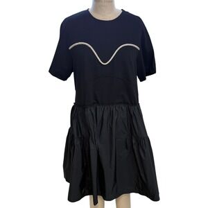 Tanya Taylor Black Rhinestone Embellished Tiered Dress Size L Mixed Media